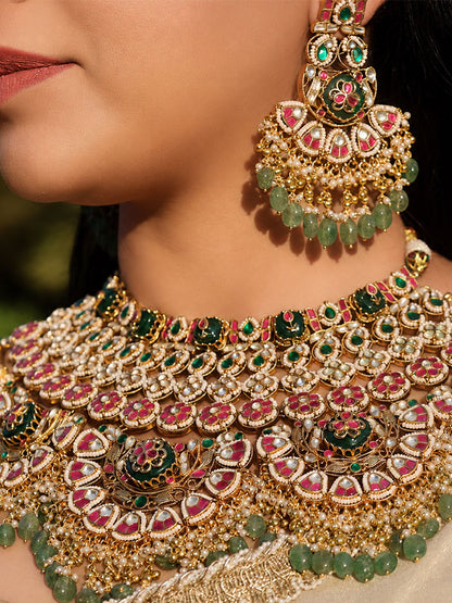 Multicolour Bridal Jadtar Kundan Necklace set with Maang tikka