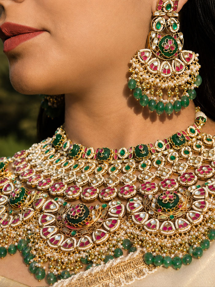 Multicolour Bridal Jadtar Kundan Necklace set with Maang tikka