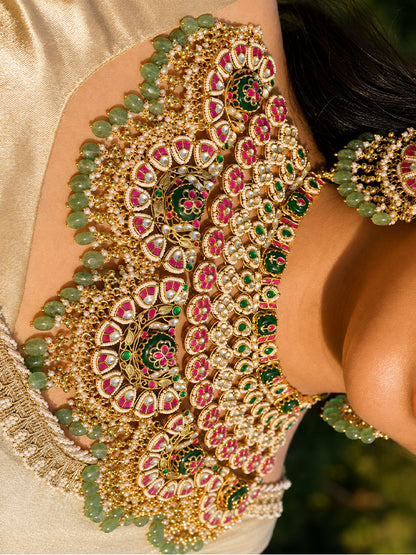 Multicolour Bridal Jadtar Kundan Necklace set with Maang tikka