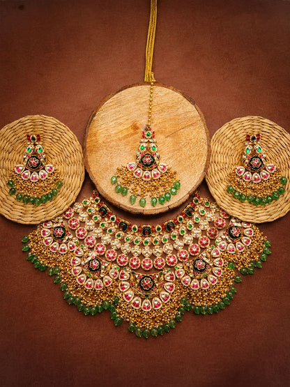 Multicolour Bridal Jadtar Kundan Necklace set with Maang tikka