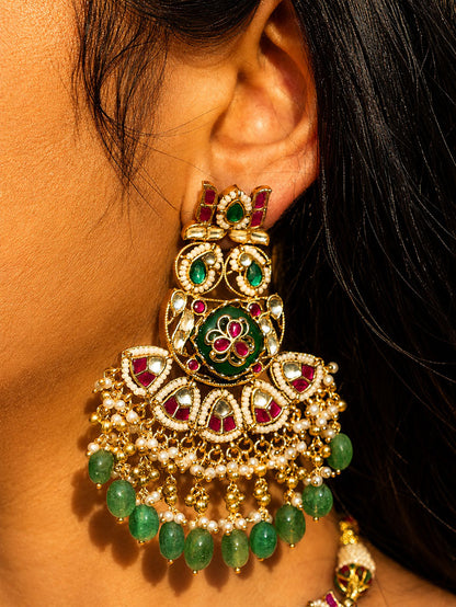 Multicolour Bridal Jadtar Kundan Necklace set with Maang tikka