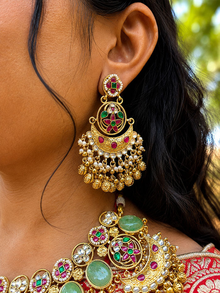 Multicolour Bridal Jadtar Kundan Necklace set with Floral Motis