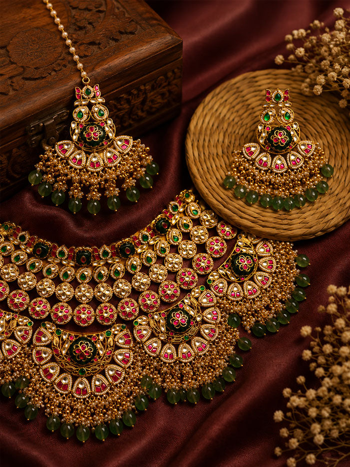 Multicolour Bridal Jadtar Kundan Necklace set with Maang tikka