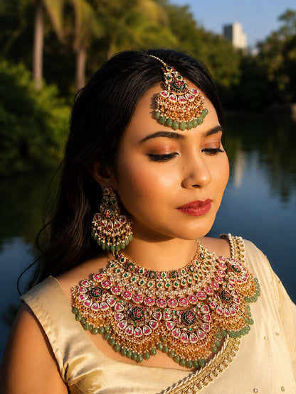 Multicolour Bridal Jadtar Kundan Necklace set with Maang tikka