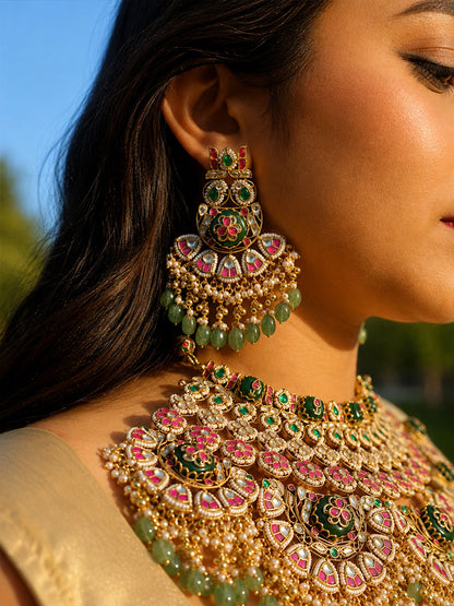 Multicolour Bridal Jadtar Kundan Necklace set with Maang tikka