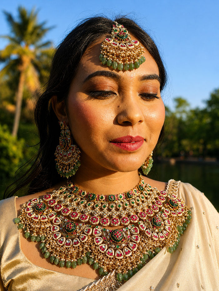 Multicolour Bridal Jadtar Kundan Necklace set with Maang tikka