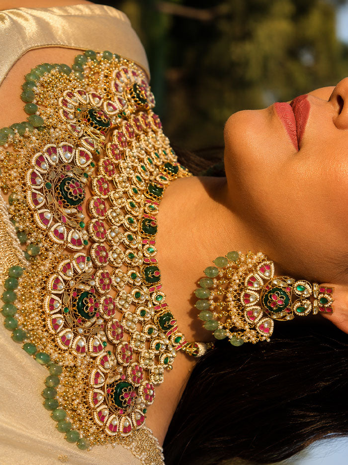 Multicolour Bridal Jadtar Kundan Necklace set with Maang tikka